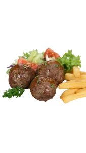 Boulettes de viande hachée, frites, salade